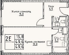 Планировка: 2-к, 49,6 м²