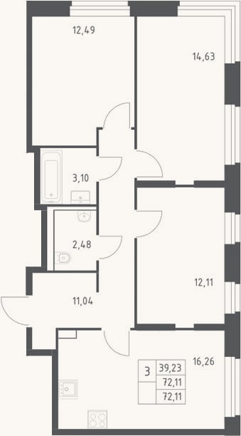 Планировка: 3-к, 72,1 м²
