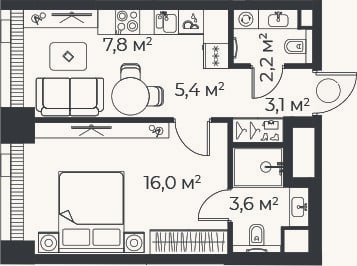 Планировка: 2-к, 38,1 м²