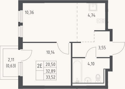 Планировка: 2-к, 32,9 м²