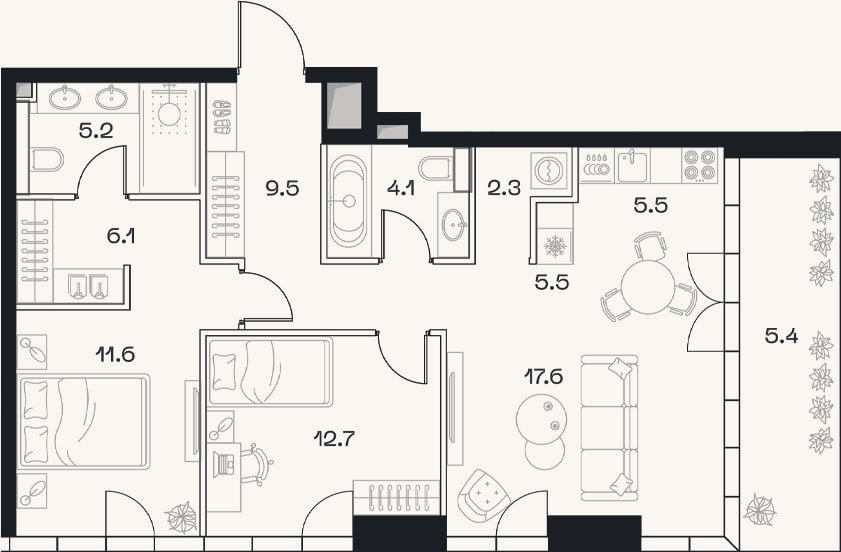 Планировка: 3-к, 77,4 м²