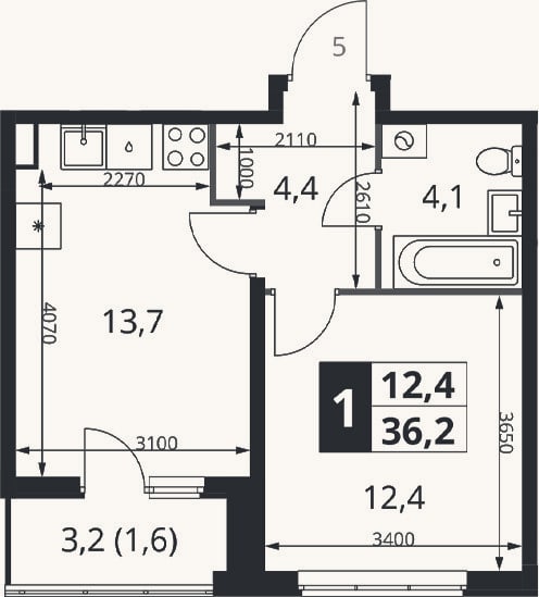 Планировка: 1-к, 34,6 м²