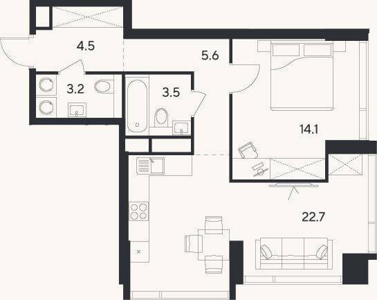 Планировка: 2-к, 53,6 м²