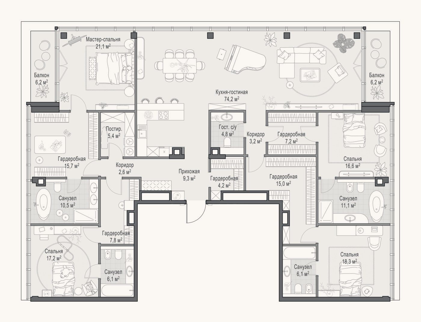 Планировка: 4+ к, 261,2 м²