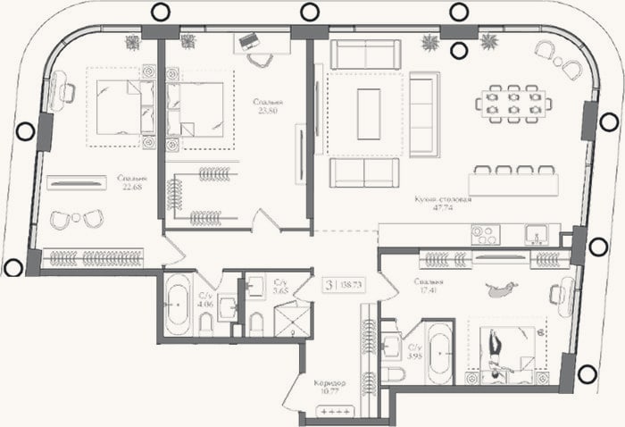 Планировка: 4+ к, 138,7 м²