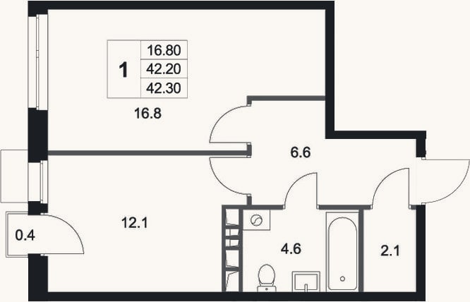 Планировка: 1-к, 42,2 м²