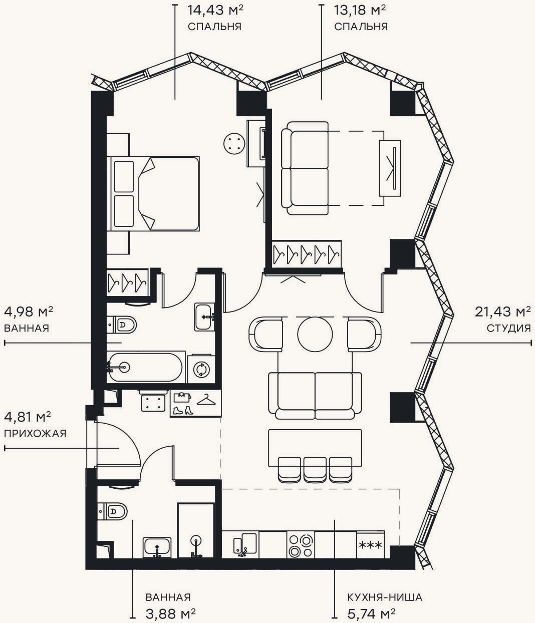 Планировка: 3-к, 68,5 м²