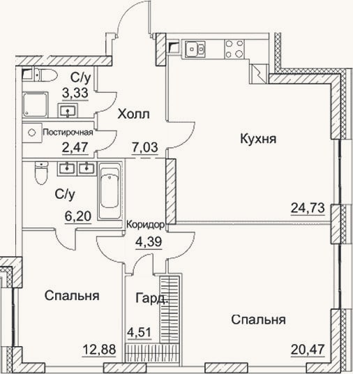 Планировка: 3-к, 86 м²