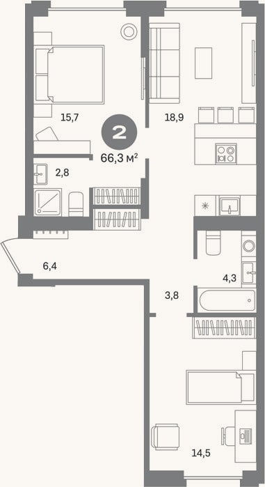 Планировка: 2-к, 66,3 м²