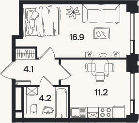 Планировка: 1-к, 36,4 м²