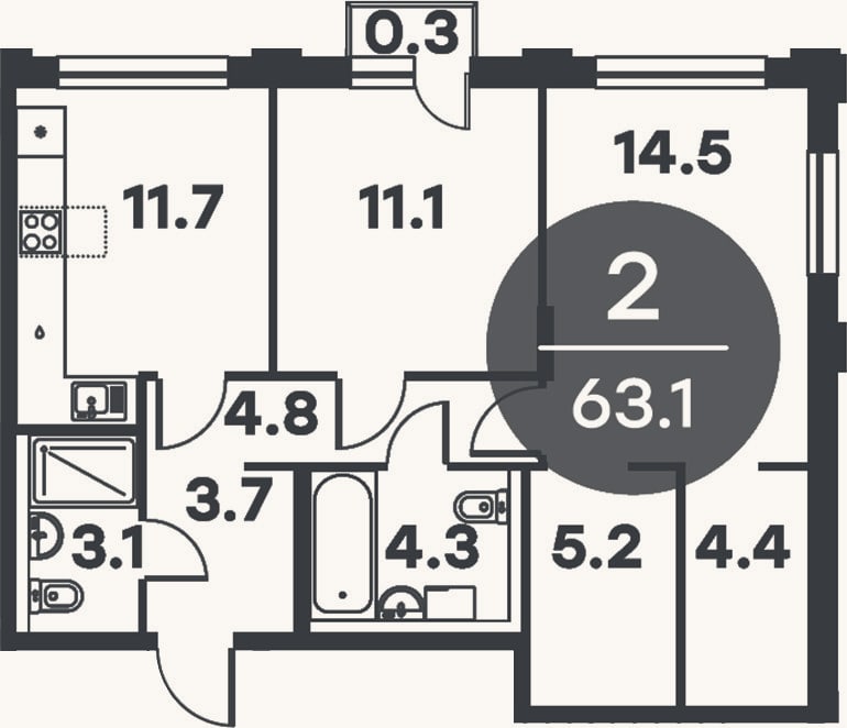 Планировка: 2-к, 62,8 м²