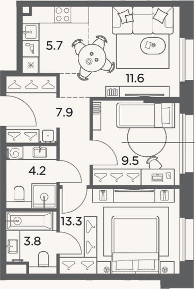 Планировка: 3-к, 56 м²