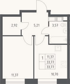 Планировка: 1-к, 33,8 м²
