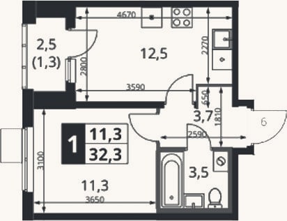 Планировка: 1-к, 31 м²