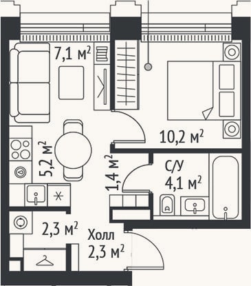 Планировка: 2-к, 32,6 м²