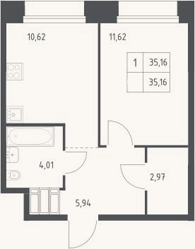 Планировка: 1-к, 35,2 м²