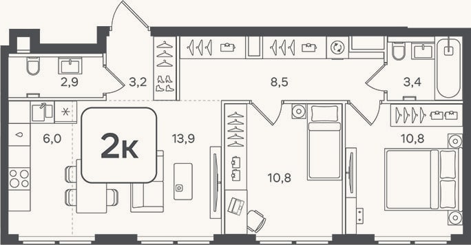 Планировка: 3-к, 59,5 м²
