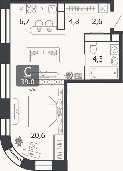 Планировка: Студия, 39 м²