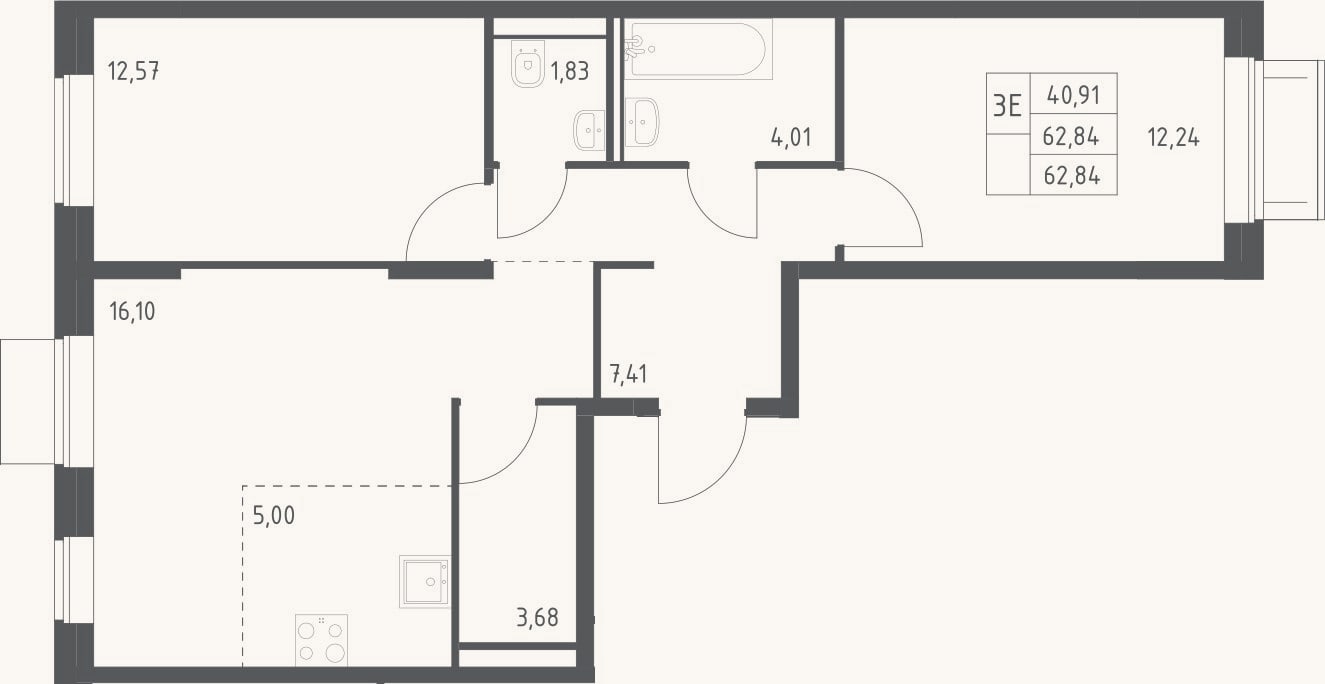 Планировка: 3-к, 62,8 м²