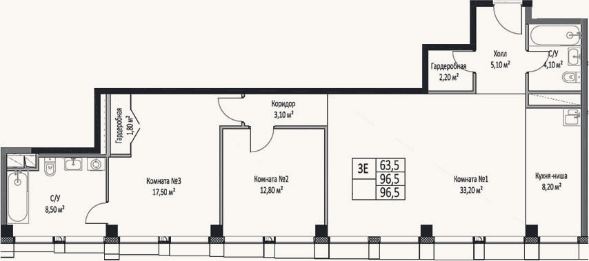 Планировка: 3-к, 96,5 м²