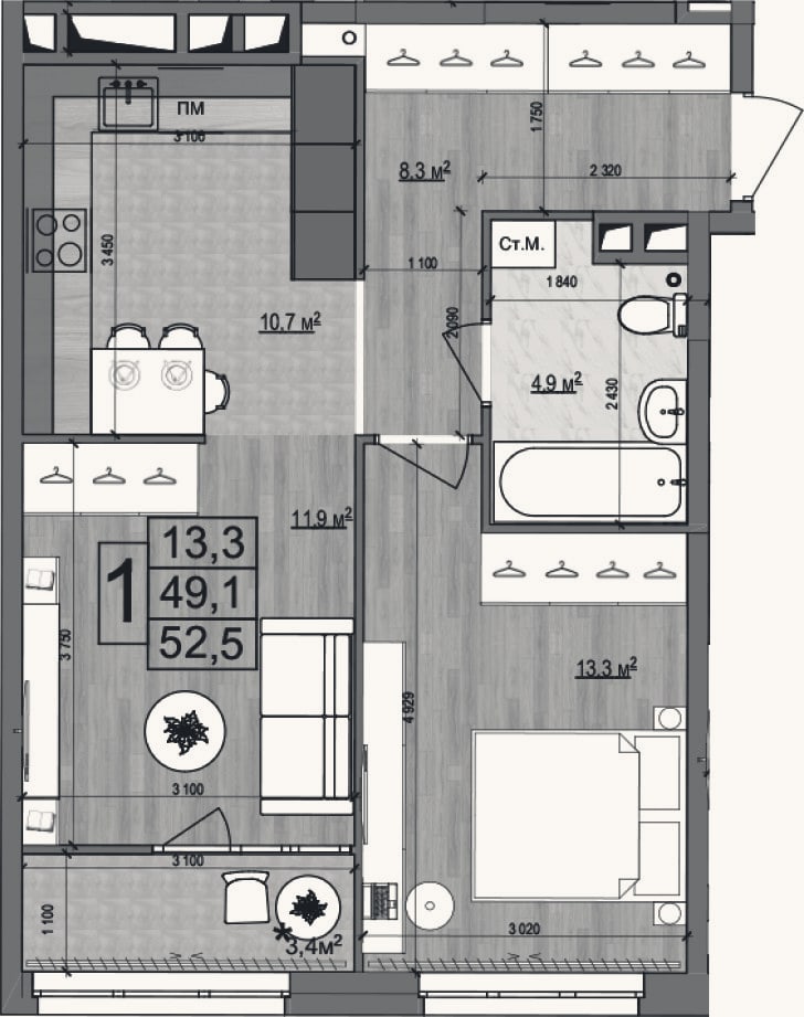 Планировка: 2-к, 49,1 м²