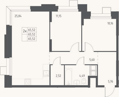 Планировка: 3-к, 65,5 м²