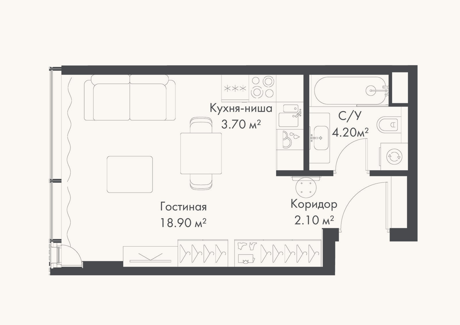 Планировка: Студия, 28,9 м²