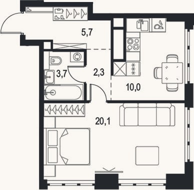 Планировка: 1-к, 41,8 м²