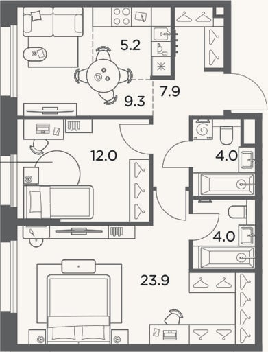 Планировка: 3-к, 66,3 м²