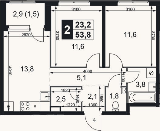 Планировка: 2-к, 52,3 м²