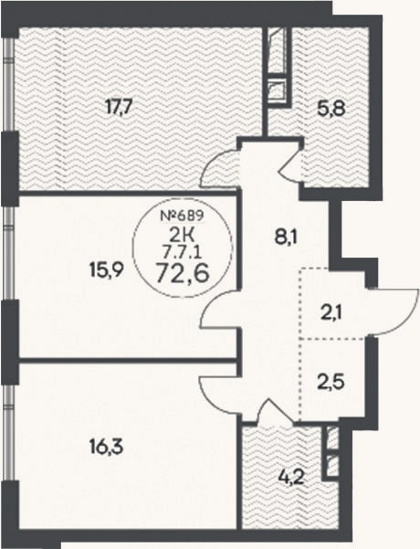 Планировка: 2-к, 72,6 м²