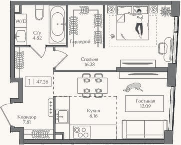 Планировка: 2-к, 47,3 м²
