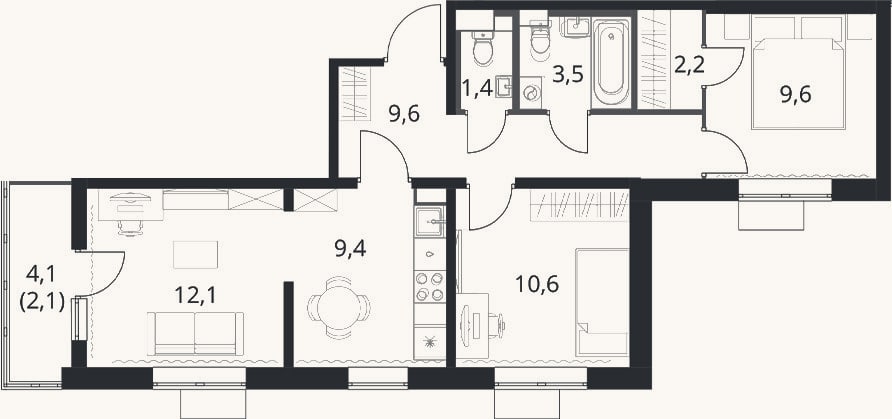 Планировка: 3-к, 58,4 м²