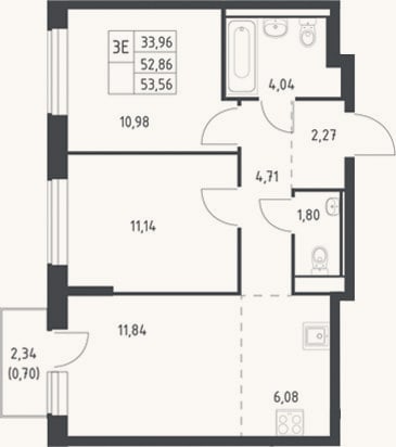 Планировка: 3-к, 52,9 м²