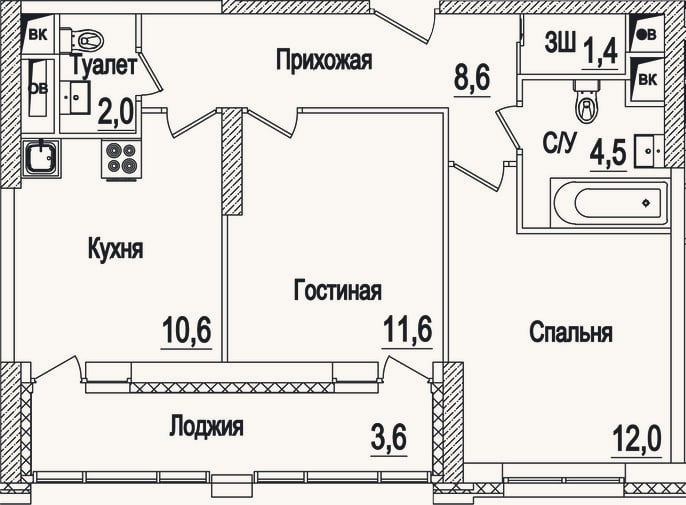 Планировка: 2-к, 50,7 м²
