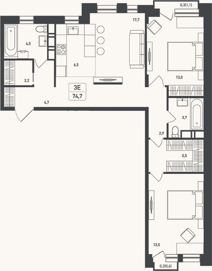 Планировка: 3-к, 77,1 м²
