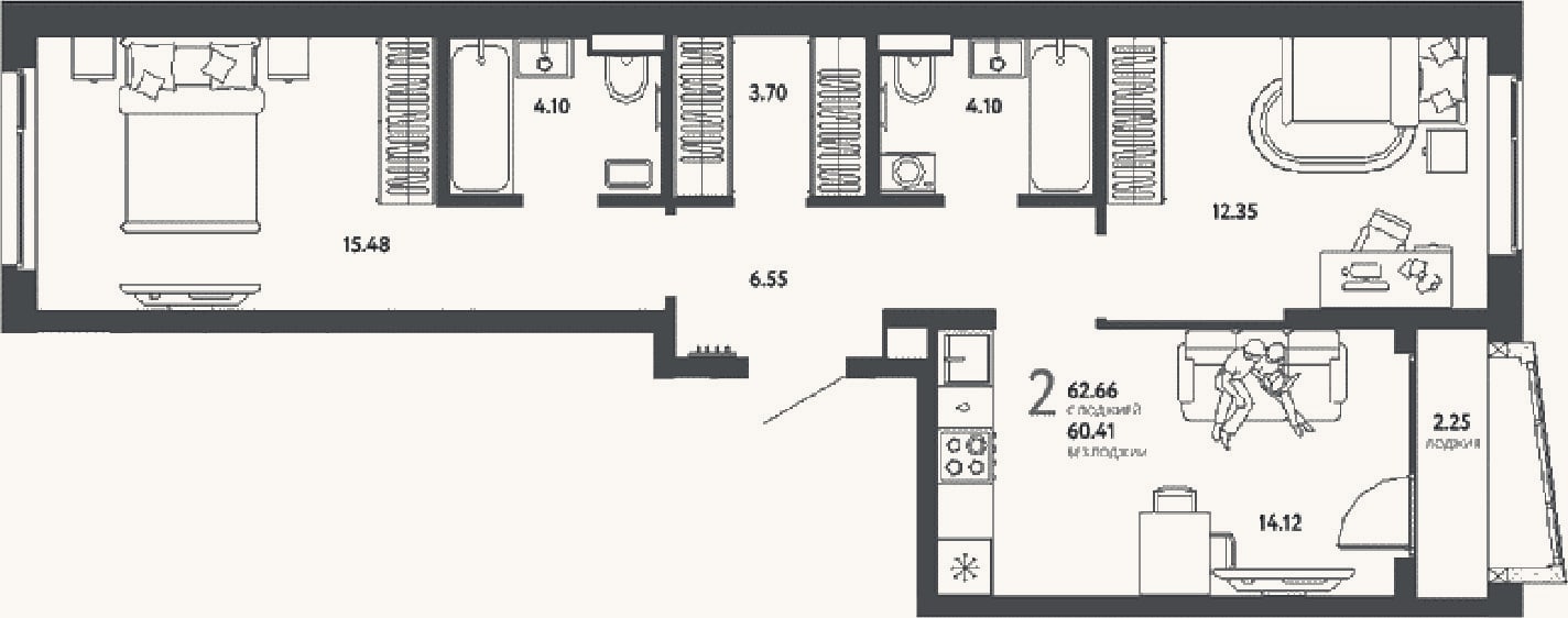 Планировка: 2-к, 60,4 м²
