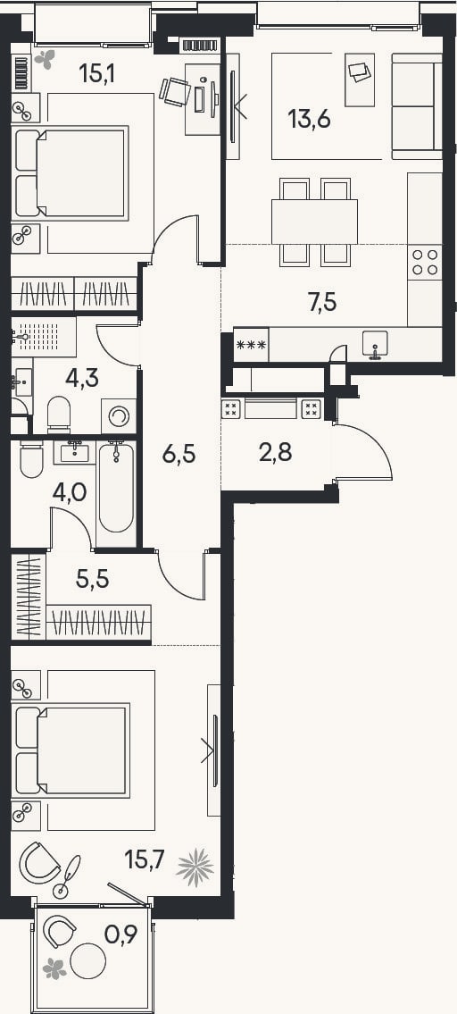 Планировка: 3-к, 75 м²