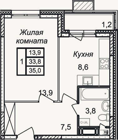 Планировка: 1-к, 33,8 м²