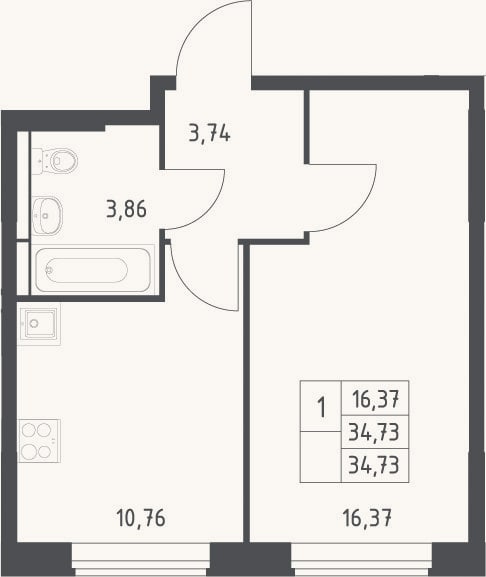 Планировка: 1-к, 34,7 м²