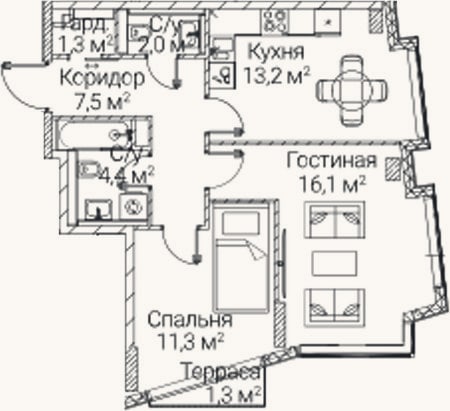 Планировка: 2-к, 55,8 м²