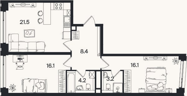 Планировка: 3-к, 69,5 м²