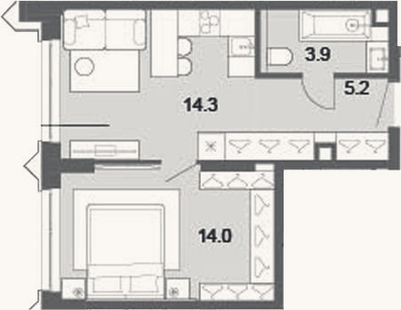 Планировка: 2-к, 37,4 м²