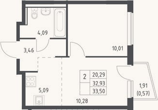 Планировка: 2-к, 32,9 м²