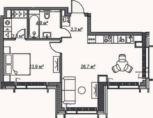 Планировка: 2-к, 52,1 м²