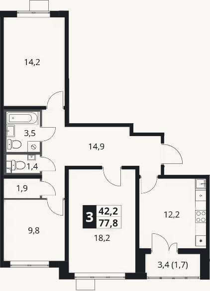 Планировка: 3-к, 76,1 м²
