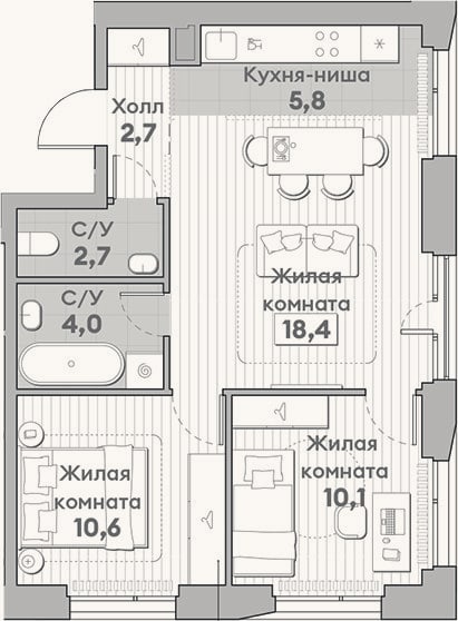 Планировка: 3-к, 54,3 м²