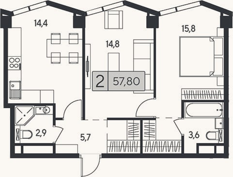 Планировка: 2-к, 57,8 м²