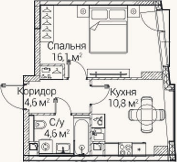 Планировка: 1-к, 36 м²