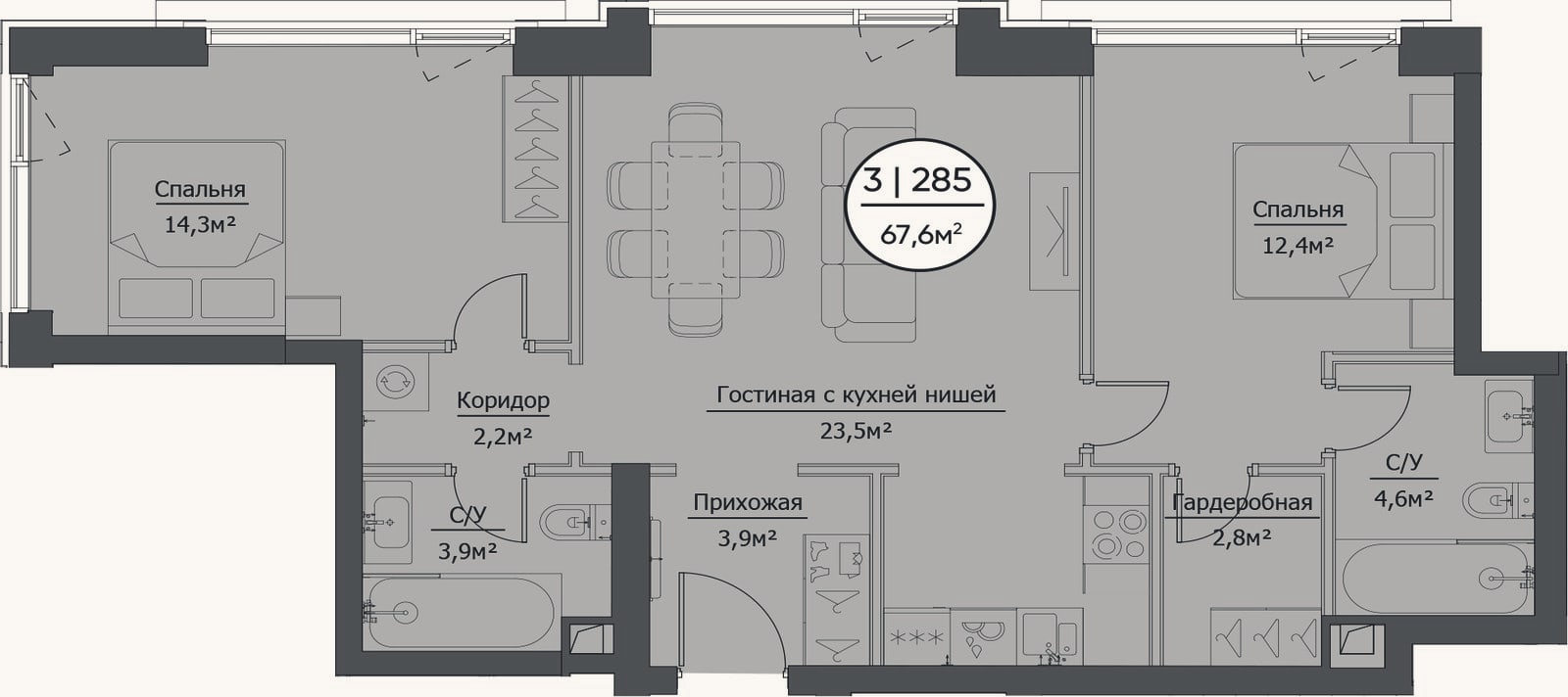 Планировка: 3-к, 67,8 м²